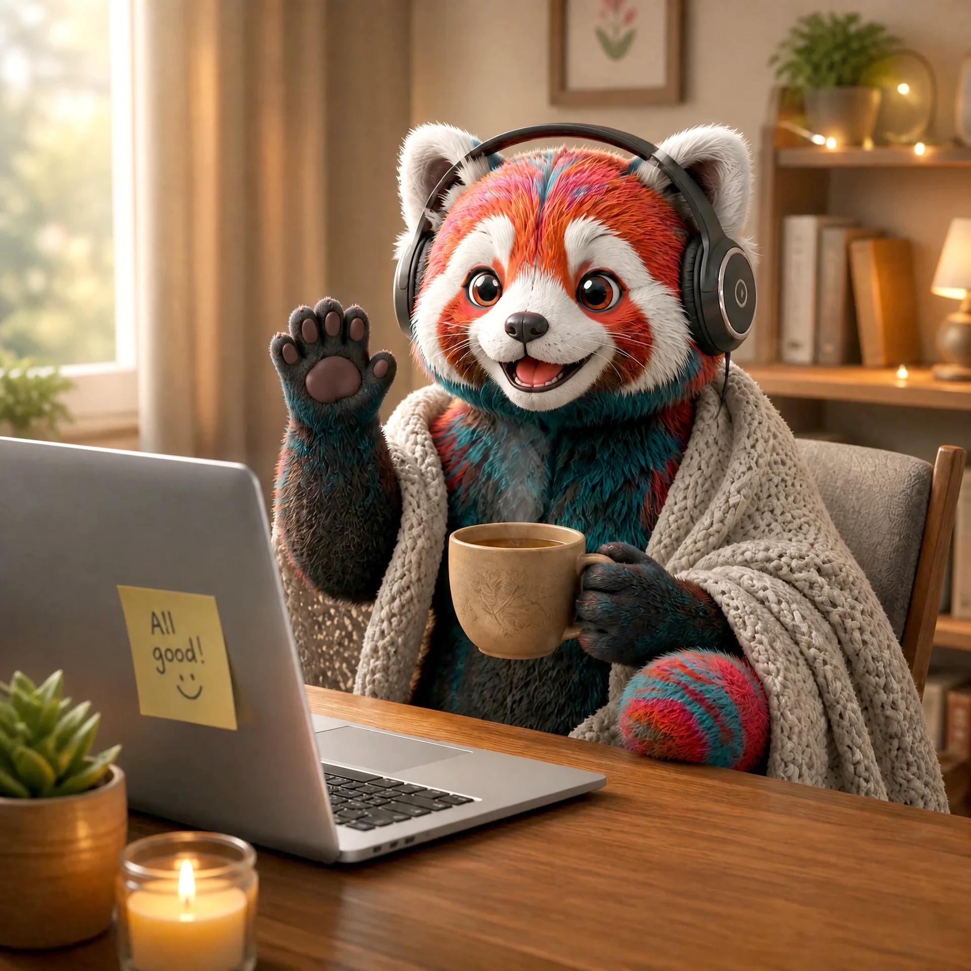 A panda in a support headset, wrapped in a blanket with tea