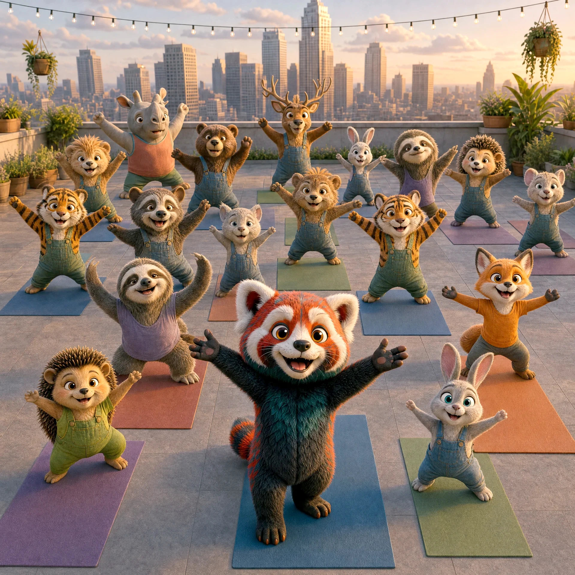 A happy panda leads a large rooftop yoga class